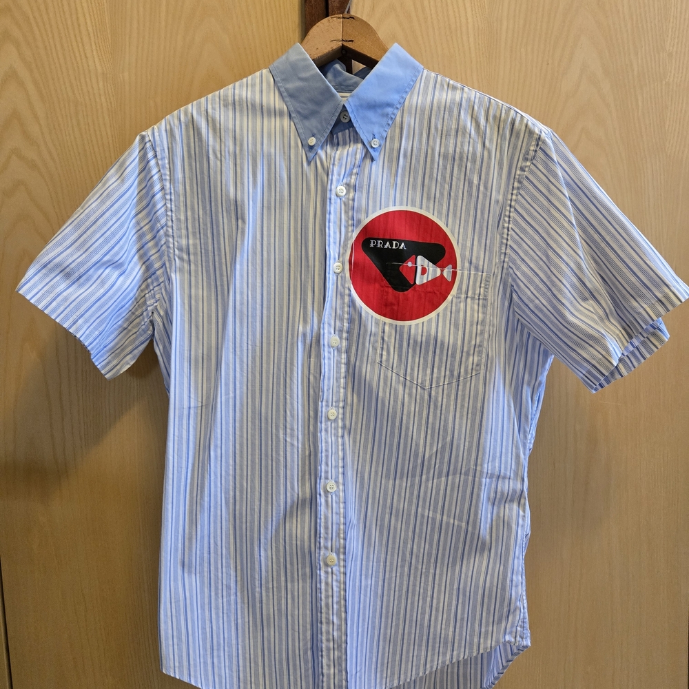 Prada Blue and White Striped Button Down Shirt